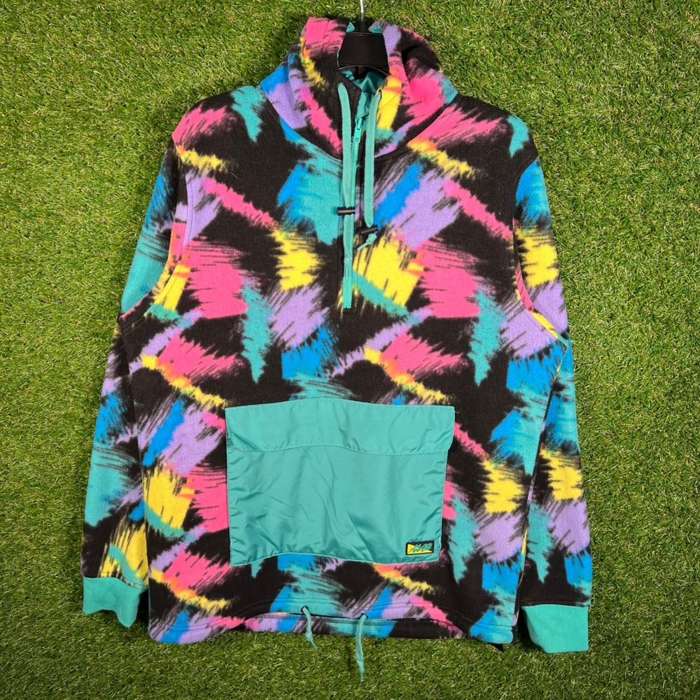 A-Lab Mens Medium Neon Abstract Fleece Quarter Zip Hoodie Multicolor